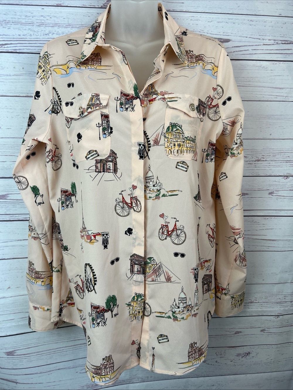 Karl Lagerfeld Paris Blouse Shirt Size M  Dusty Rose Eiffel Tower Love Bicycle